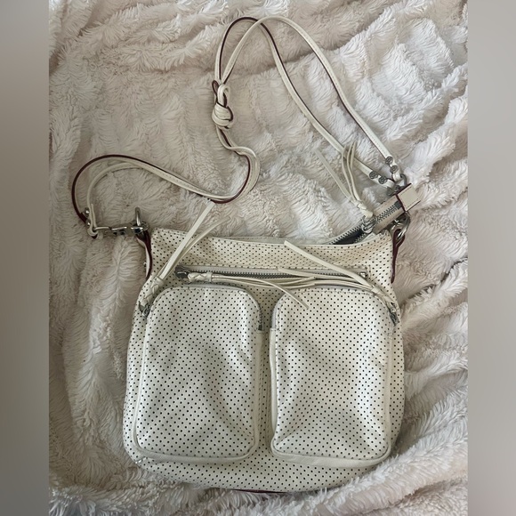 MZ Wallace white leather perforated crossbody with red/gold accents - Picture 1 of 7